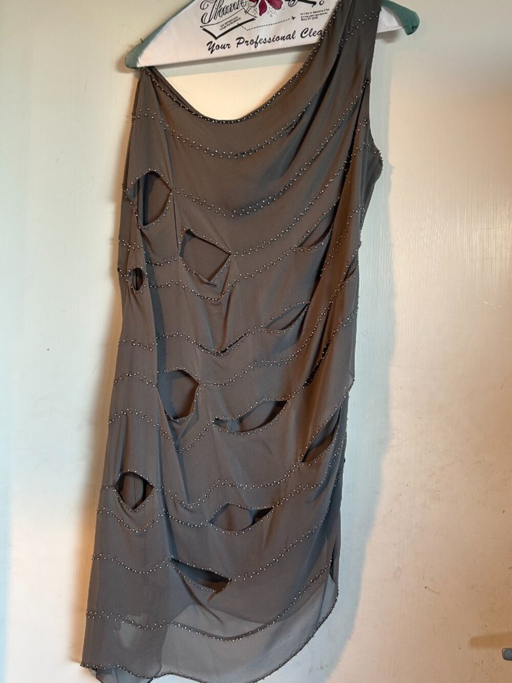 Robert Rodriguez - Grey Studded - Draped Layered Silk One Shoulder Dress